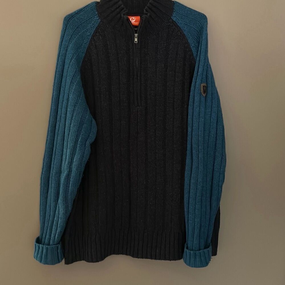 Merril Wool Pullover Sweater 1/3 zip XL Two toned Blue